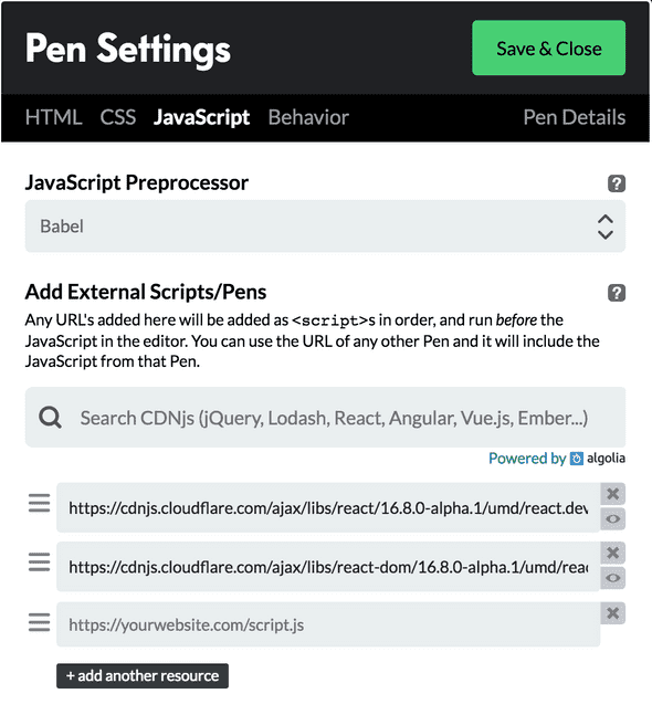 Pen JavaScript Settings